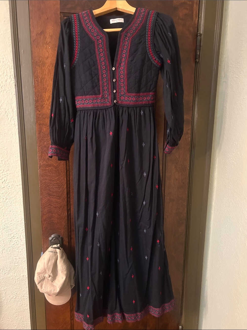 Maison Hotel Embroidered Black Maxi Dress with Red Accents